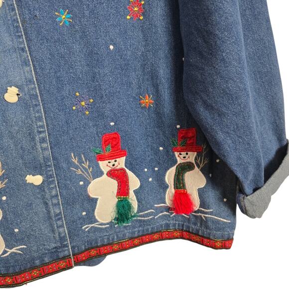 New Directions Blue Denim  Jacket Shirt Snowman Shacket Christmas Embroidery L - Picture 4 of 14